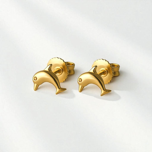 14K Solid Gold Dolphin Stud Earrings: Dainty Ocean Animal Jewelry
