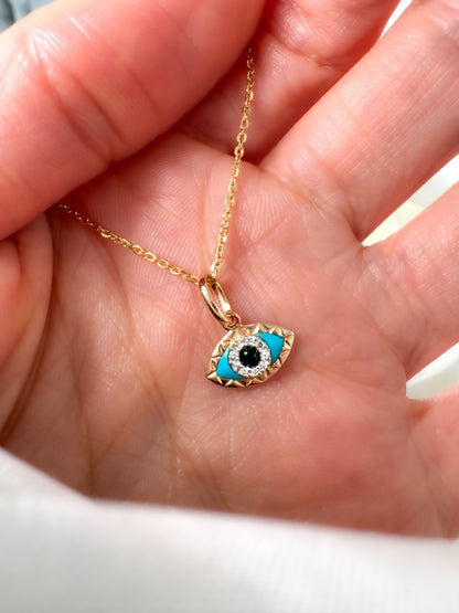 14k Solid Gold Eye Shaped Evil Eye Pendant with Diamond, Turquoise & Black Onyx