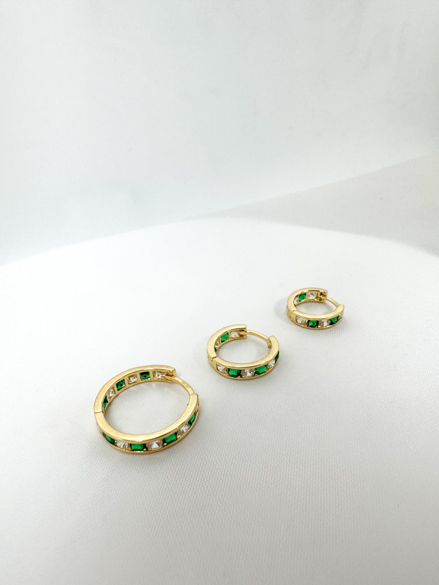 14k Solid Gold Emerald Diamond Huggie Hoop Earrings