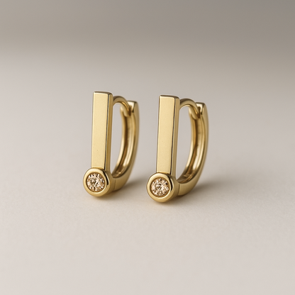 14k Gold Champagne Diamond Hoop Earrings: Minimalist Huggie Hoops