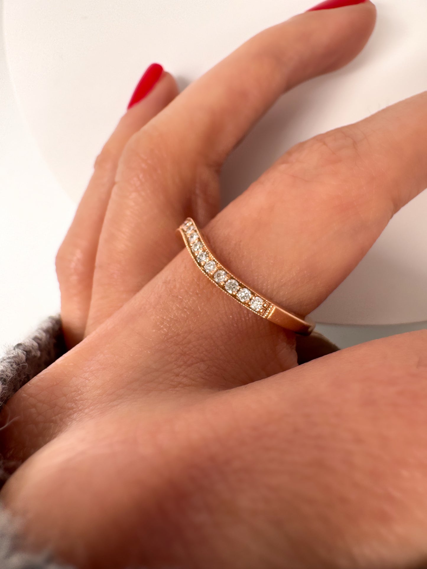 Curved Diamond Wedding Band in 14K Gold, Milgrain Nesting Band