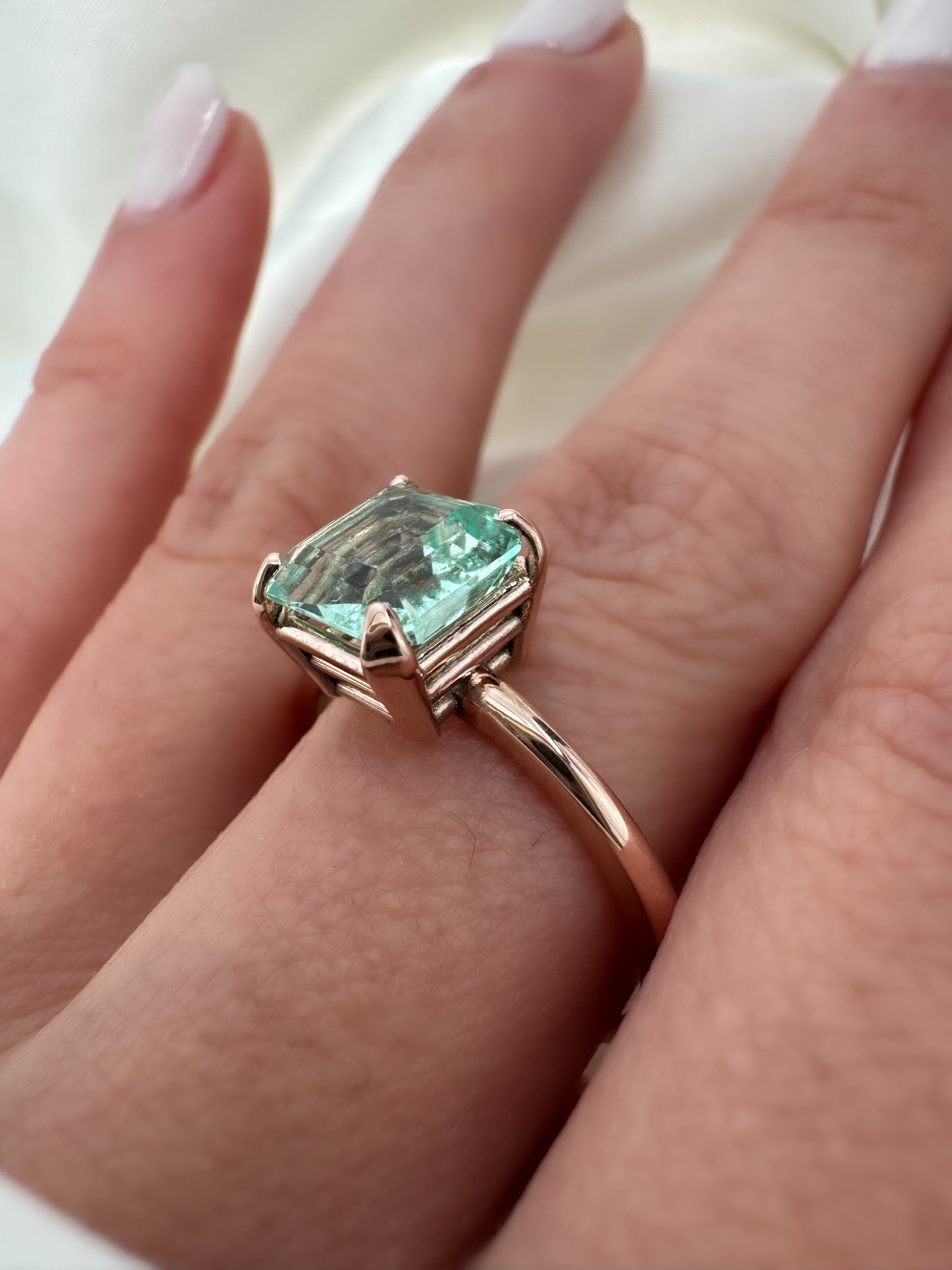 Natural Colombian Emerald Cut Green Beryl Solitaire Ring in Solid 14k Gold