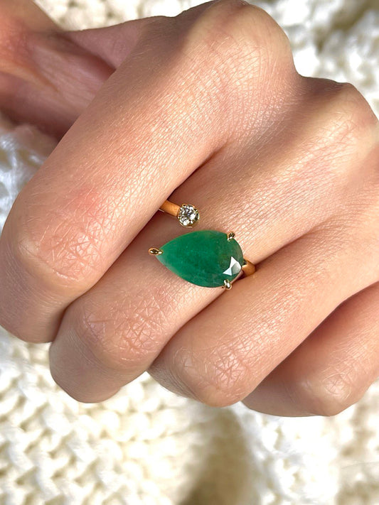 14k Solid Gold 2-Stone Ring, Natural Pear Shaped Emerald With Round Diamond Ring