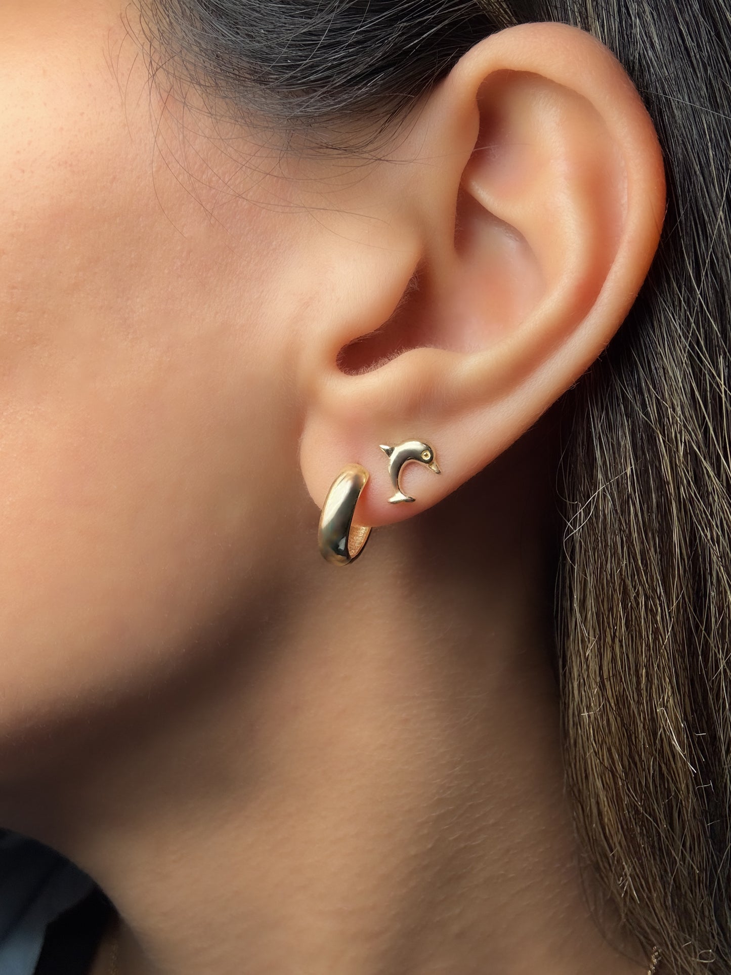 14K Solid Gold Dolphin Stud Earrings: Dainty Ocean Animal Jewelry