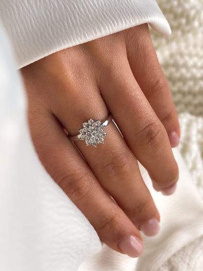 Floral Diamond Ring in Solid 14k White Gold, Cluster Engagement Ring
