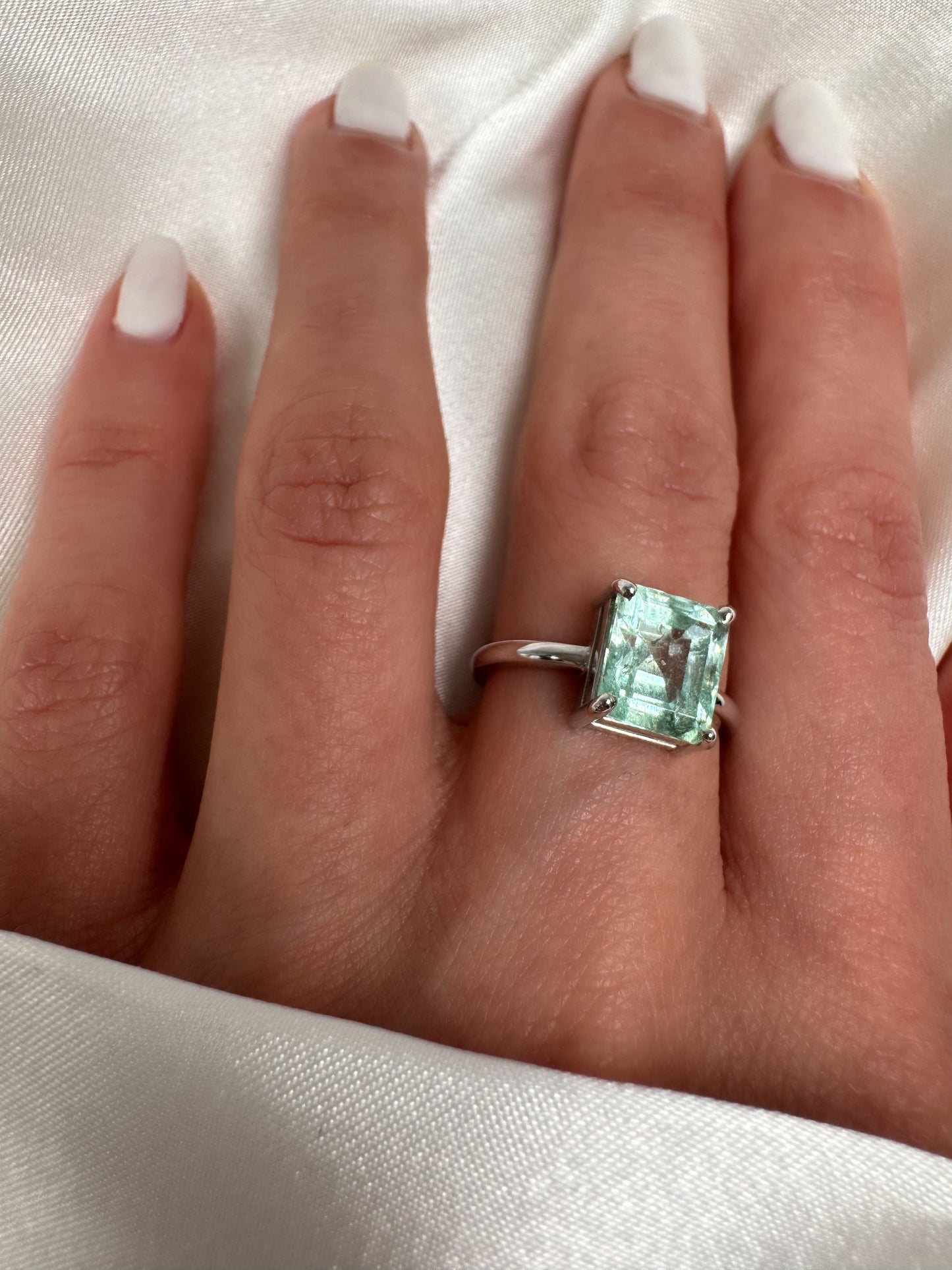 14k Gold Emerald Cut Green Beryl Ring, Colombian Light Bluish Green Emerald Solitaire
