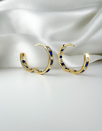14k Solid Gold with Sapphire and Diamond Huggie Hoop Earring