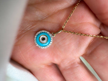 14k Solid Gold Diamond Evil Eye  Charm Pendant, Turquoise & Onyx Protection Charm