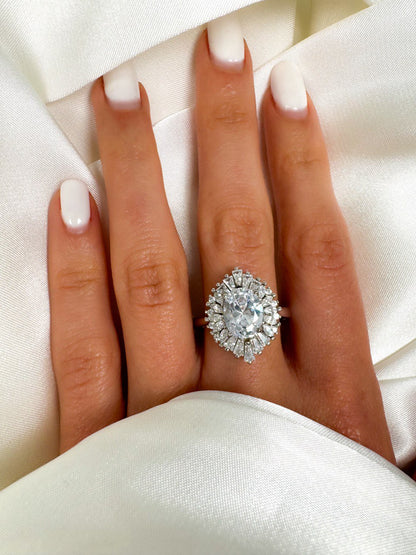 Sterling Silver Oval Cut Halo Engagement Ring, size 8.25