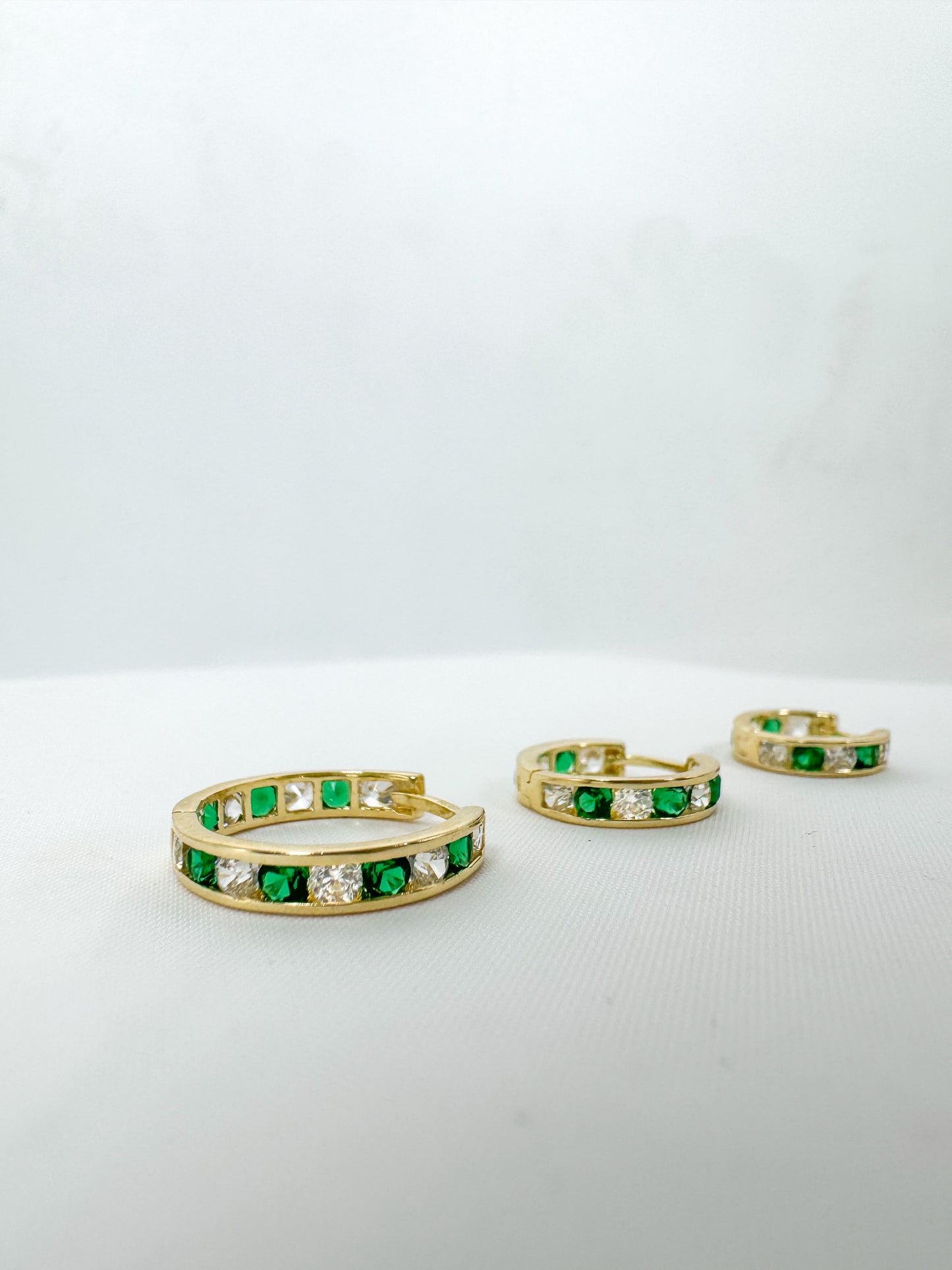 14k Solid Gold Emerald Diamond Huggie Hoop Earrings
