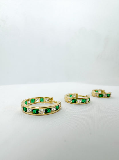 14k Solid Gold Emerald Diamond Huggie Hoop Earrings