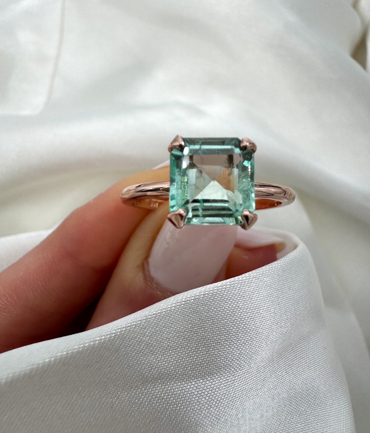 Natural Colombian Emerald Cut Green Beryl Solitaire Ring in Solid 14k Gold