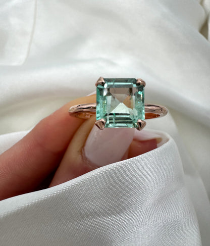 Natural Colombian Emerald Cut Green Beryl Solitaire Ring in Solid 14k Gold