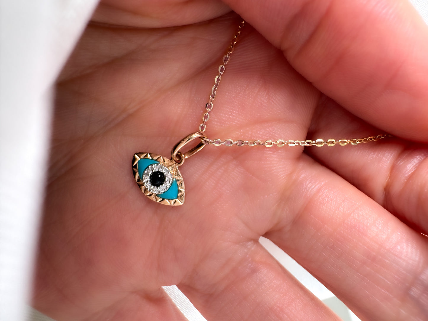 14k Solid Gold Eye Shaped Evil Eye Pendant with Diamond, Turquoise & Black Onyx