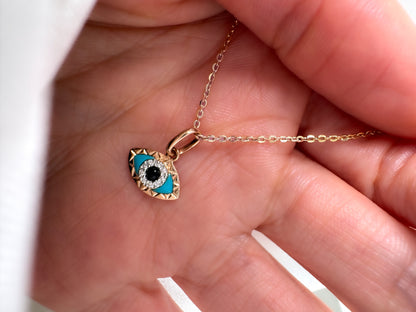 14k Solid Gold Eye Shaped Evil Eye Pendant with Diamond, Turquoise & Black Onyx