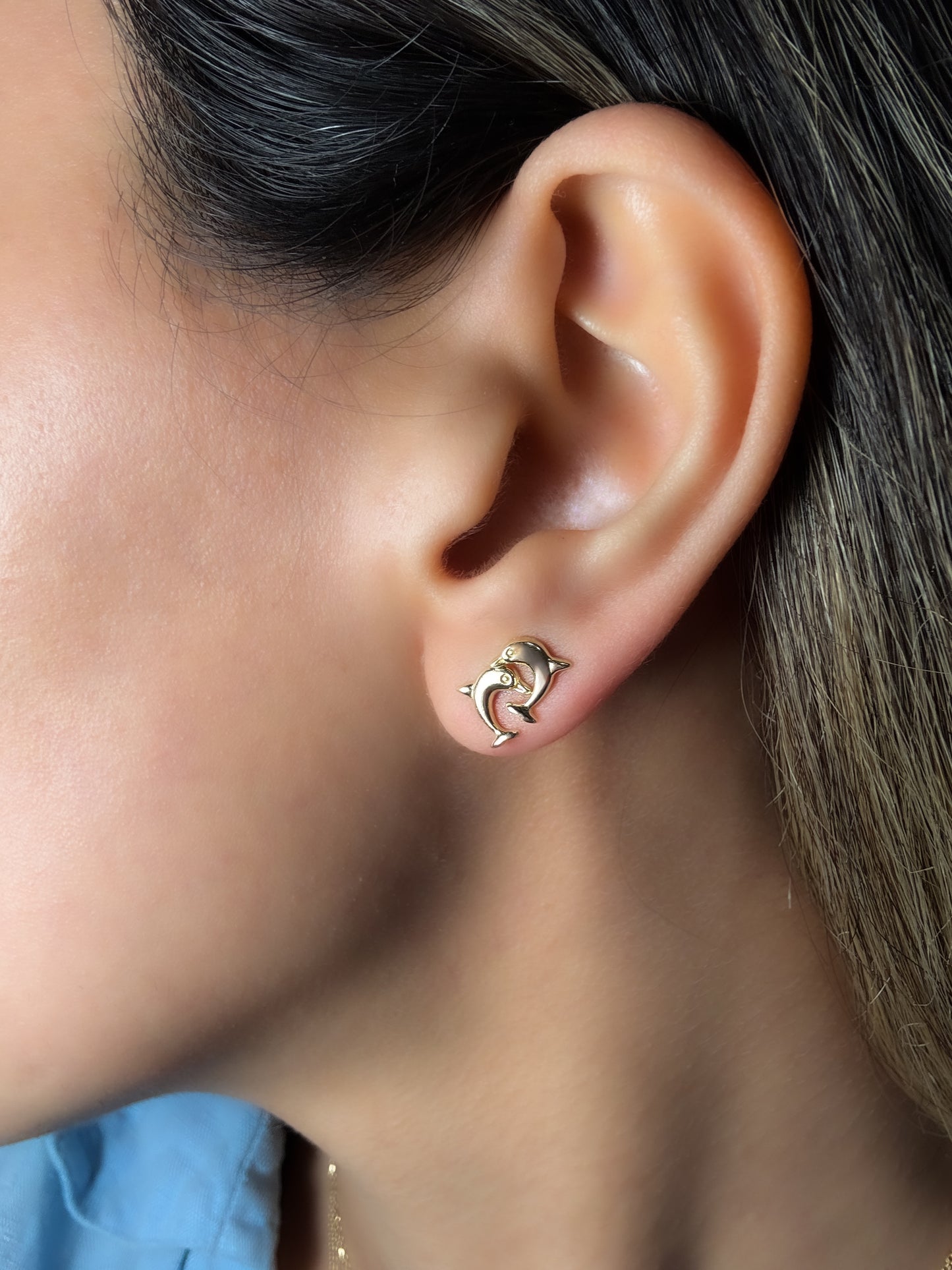 14K Solid Gold Dolphin Stud Earrings: Dainty Ocean Animal Jewelry