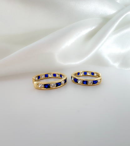 14k Solid Gold with Sapphire and Diamond Huggie Hoop Earring