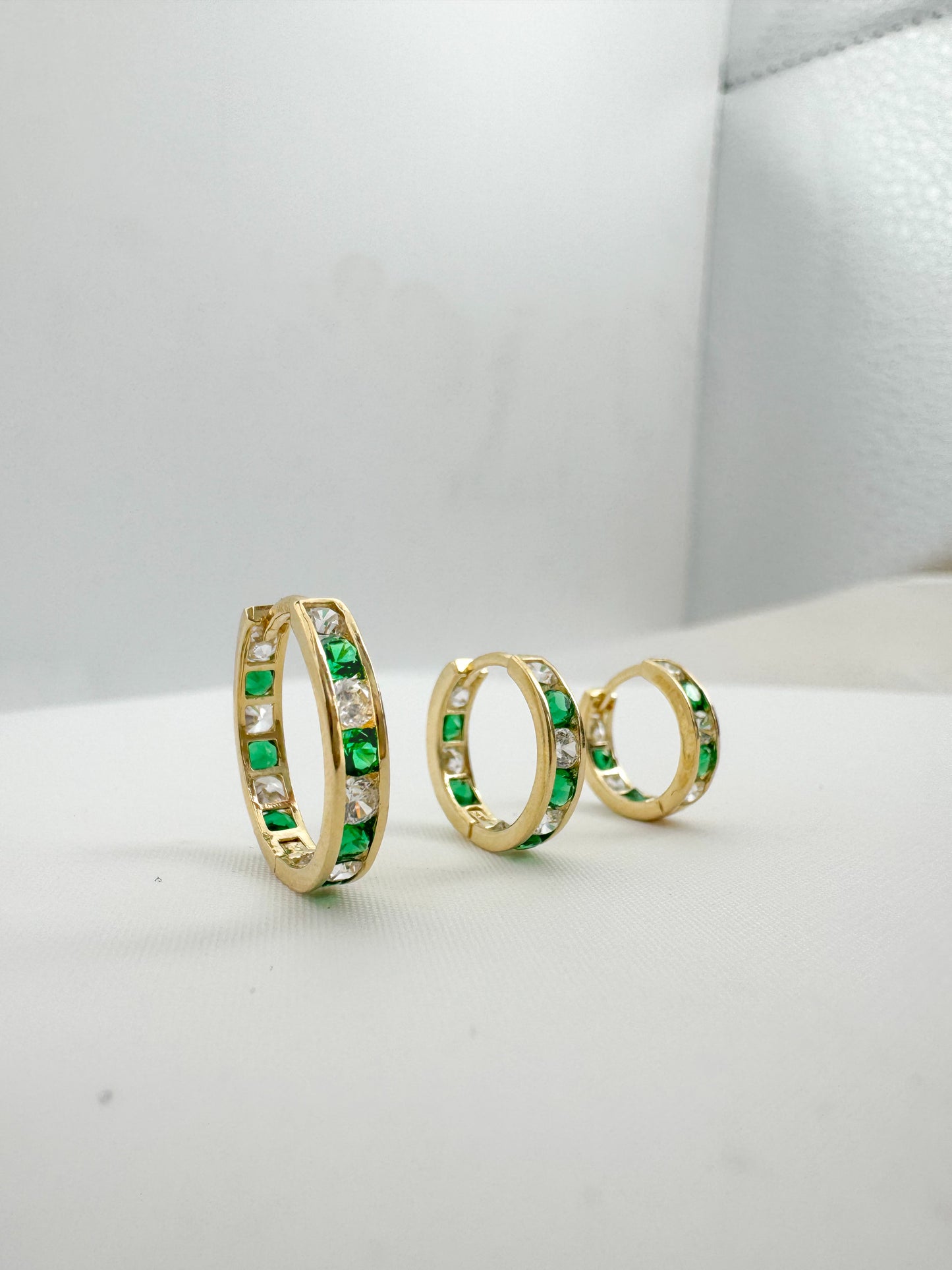14k Solid Gold Emerald Diamond Huggie Hoop Earrings