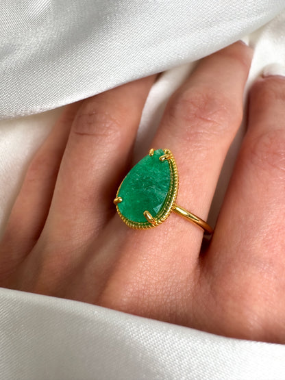 Natural Colombian Pear Shaped Emerald Solitaire Ring in Solid 14k Gold