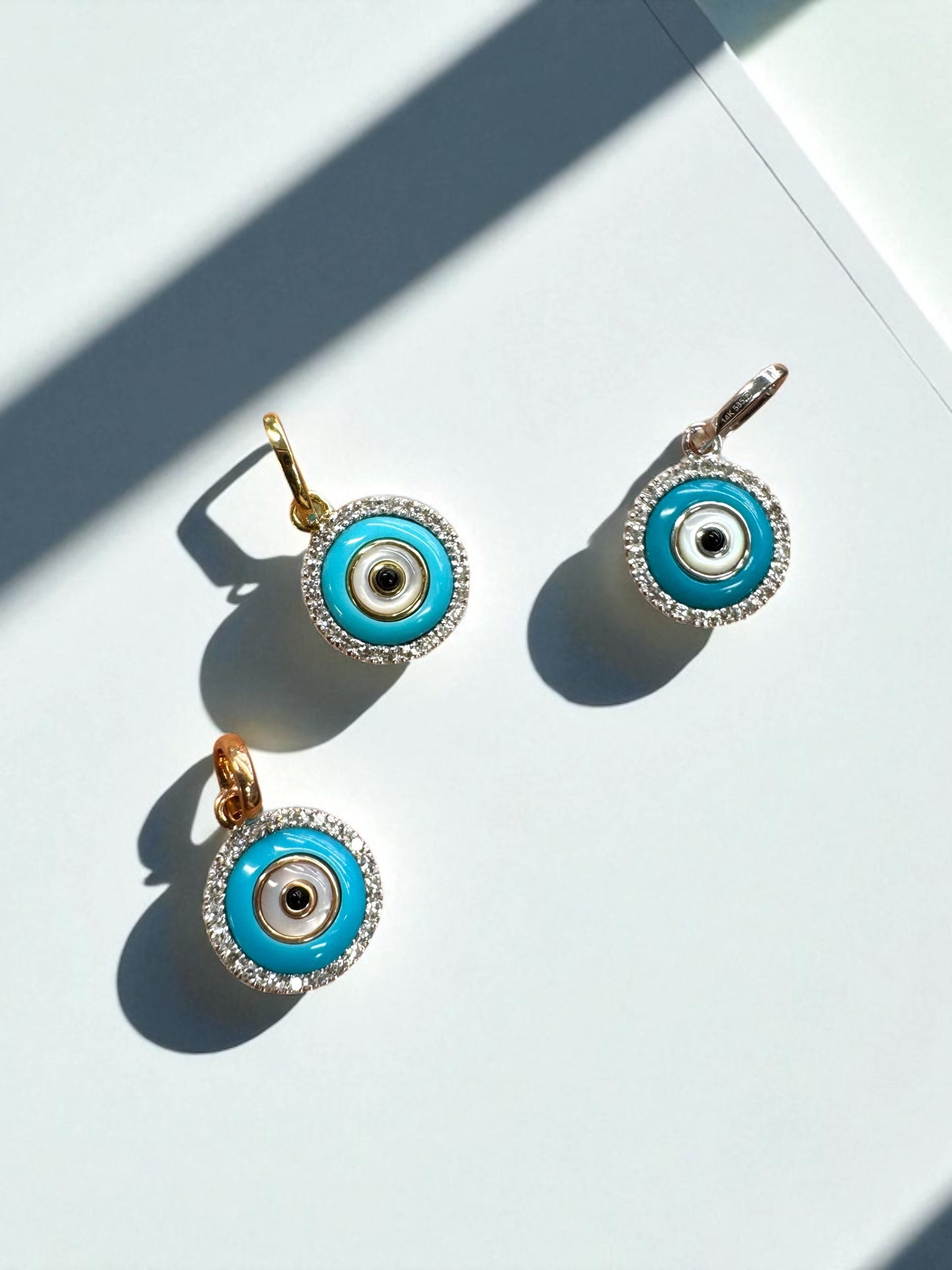 14k Solid Gold Diamond Evil Eye  Charm Pendant, Turquoise & Onyx Protection Charm