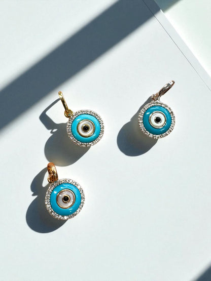 14k Solid Gold Diamond Evil Eye  Charm Pendant, Turquoise & Onyx Protection Charm
