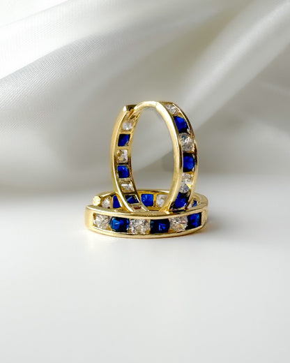 14k Solid Gold with Sapphire and Diamond Huggie Hoop Earring