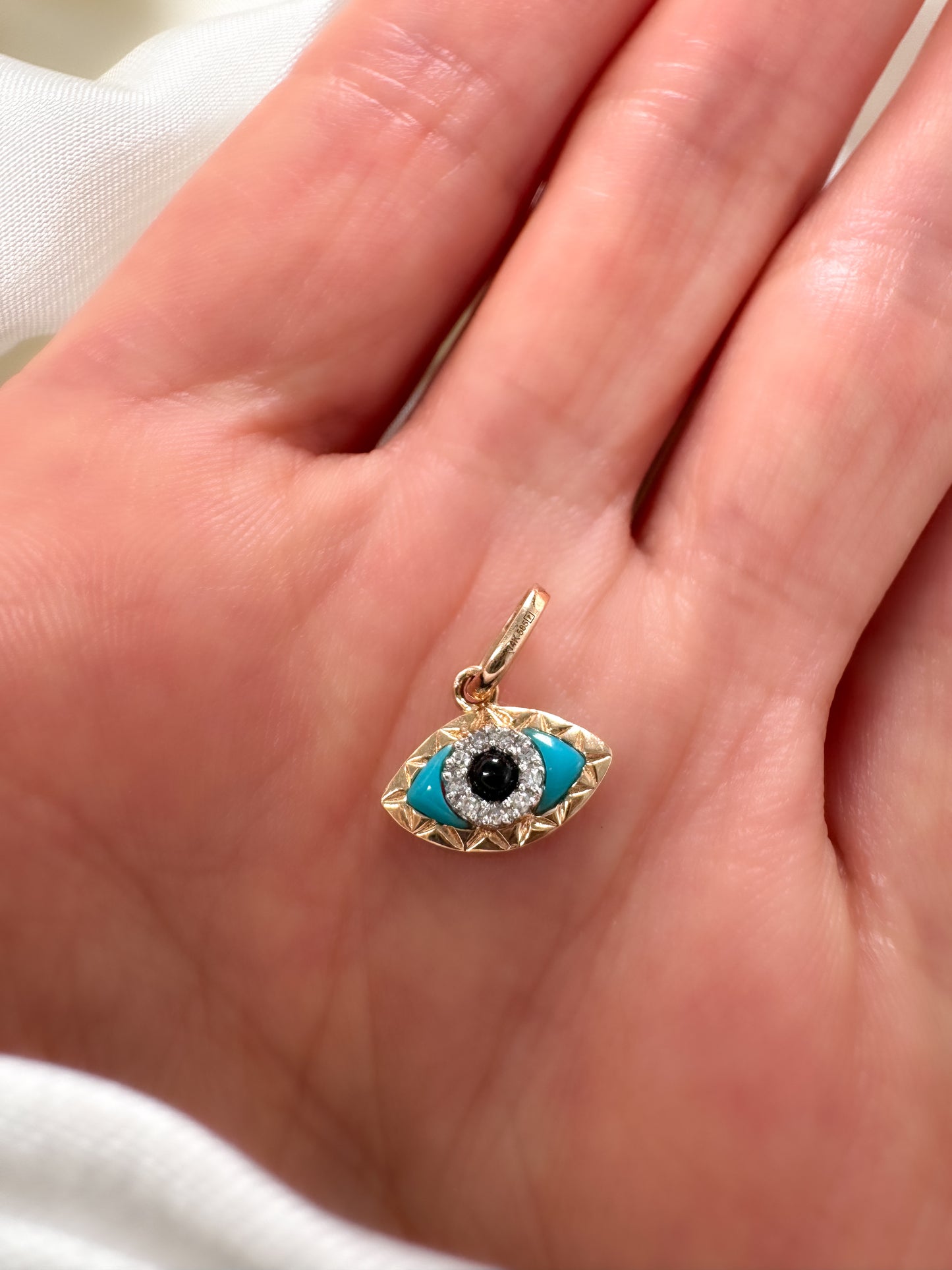 14k Solid Gold Eye Shaped Evil Eye Pendant with Diamond, Turquoise & Black Onyx