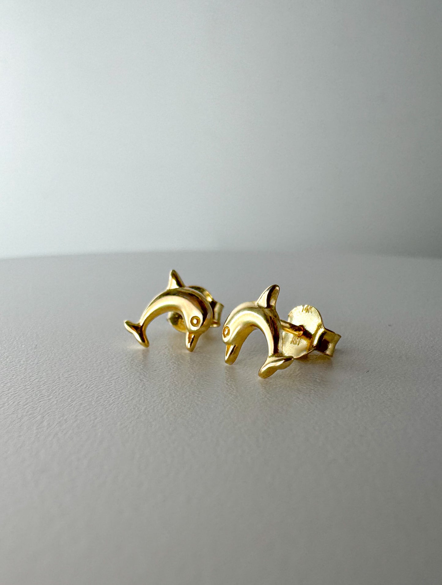 14K Solid Gold Dolphin Stud Earrings: Dainty Ocean Animal Jewelry