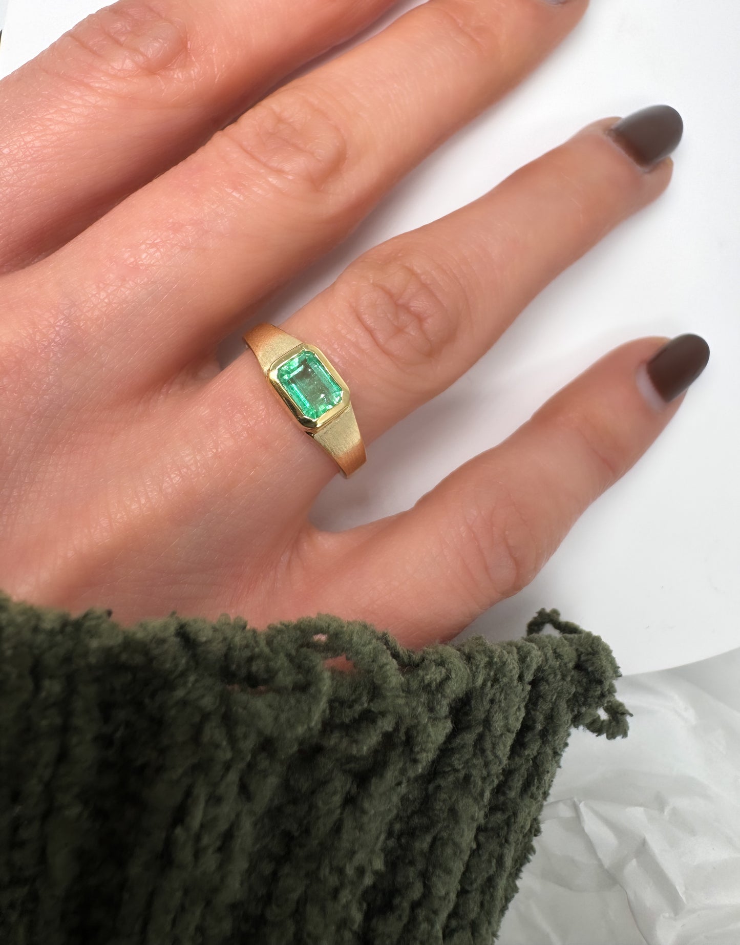Natural Colombian Emerald Signet Solitaire Ring, 14k Gold Bezel Setting