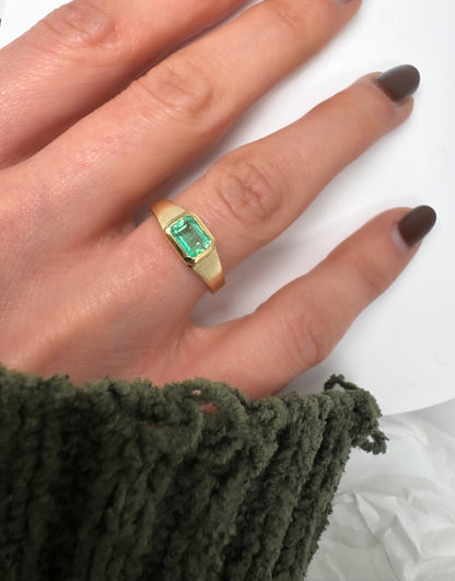 Natural Colombian Emerald Signet Solitaire Ring, 14k Gold Bezel Setting