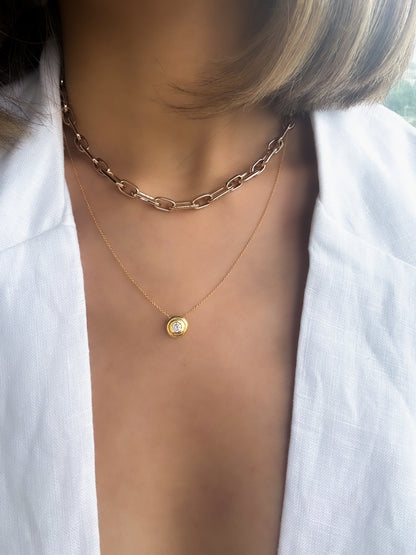 14k Solid Gold Round Diamond Bezel Pendant Necklace