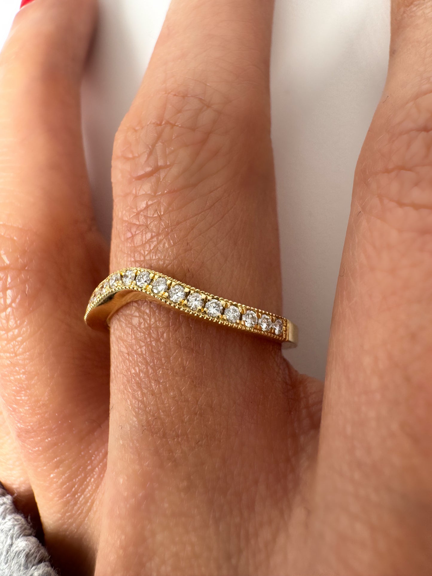 Curved Diamond Wedding Band in 14K Gold, Milgrain Nesting Band