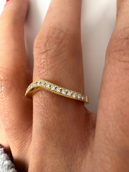 Curved Diamond Wedding Band in 14K Gold, Milgrain Nesting Band