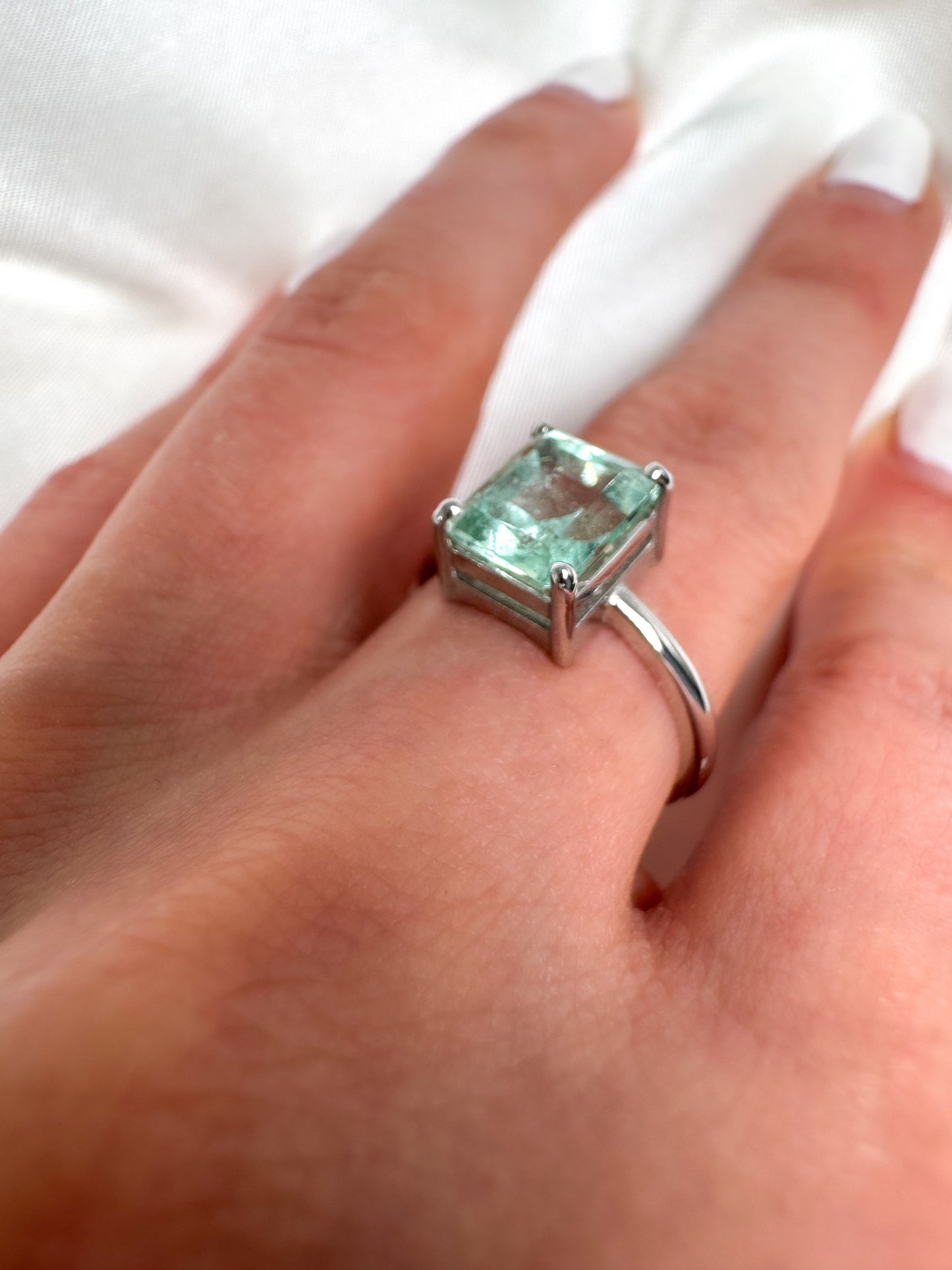 14k Gold Emerald Cut Green Beryl Ring, Colombian Light Bluish Green Emerald Solitaire