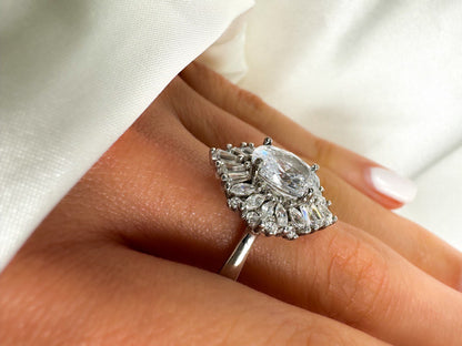 Sterling Silver Oval Cut Halo Engagement Ring, size 8.25