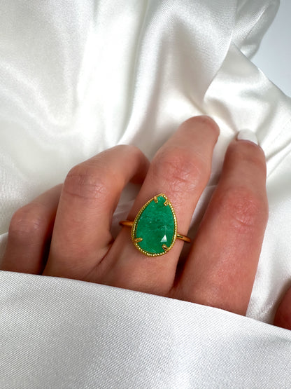 Natural Colombian Pear Shaped Emerald Solitaire Ring in Solid 14k Gold