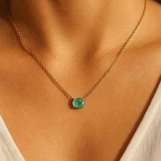 Natural Oval Colombian Emerald Necklace: 14k Solid Gold Pendant