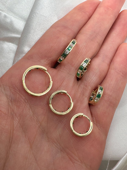 14k Solid Gold Emerald Diamond Huggie Hoop Earrings