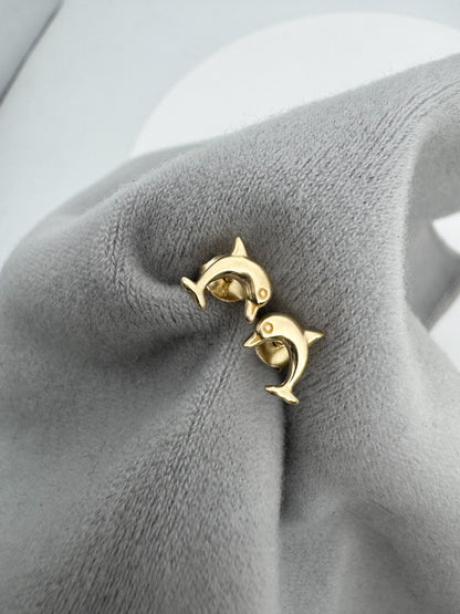 14K Solid Gold Dolphin Stud Earrings: Dainty Ocean Animal Jewelry