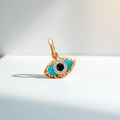 14k Solid Gold Eye Shaped Evil Eye Pendant with Diamond, Turquoise & Black Onyx