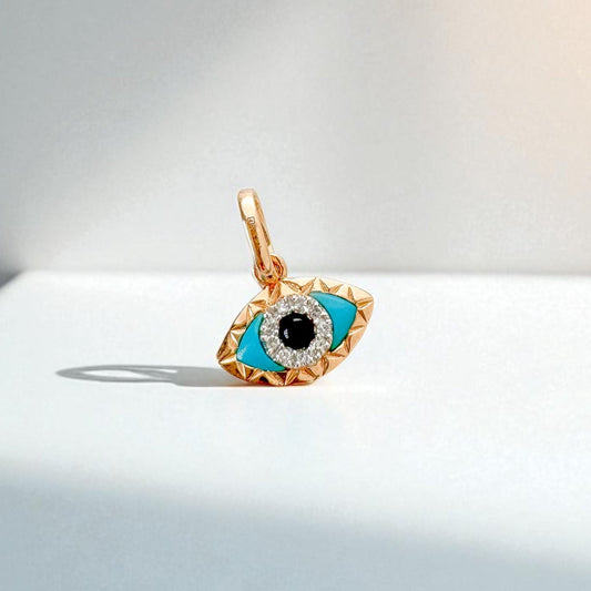 14k Gold Eye Shaped Evil Eye Pendant with Diamond, Turquoise & Black Onyx