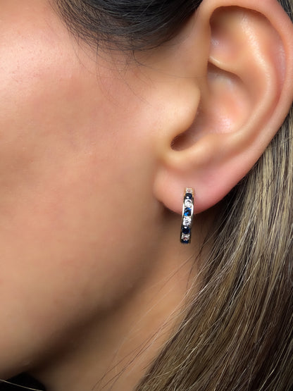 14k Solid Gold with Sapphire and Diamond Huggie Hoop Earring