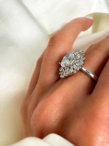 Sterling Silver Oval Cut Halo Engagement Ring, size 8.25