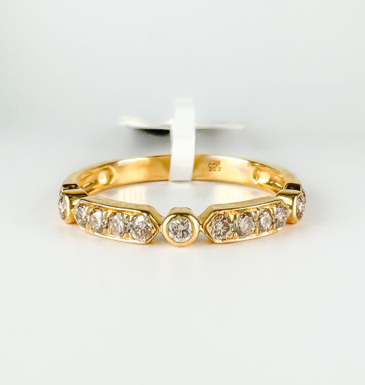 14k Gold Hexagon & Round Diamond Bezel Band | Natural Diamond Wedding Ring