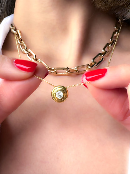 14k Solid Gold Round Diamond Bezel Pendant Necklace