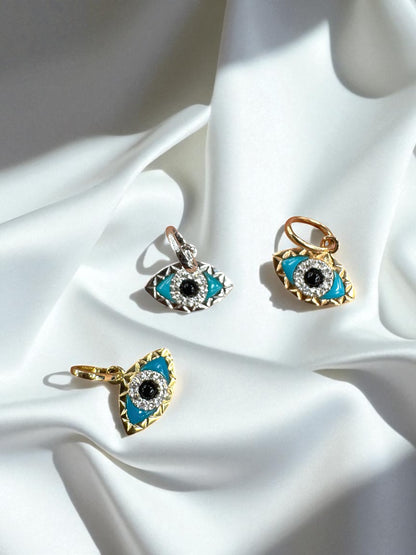 14k Solid Gold Eye Shaped Evil Eye Pendant with Diamond, Turquoise & Black Onyx
