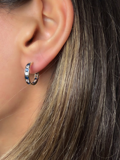 14k Solid Gold with Sapphire and Diamond Huggie Hoop Earring