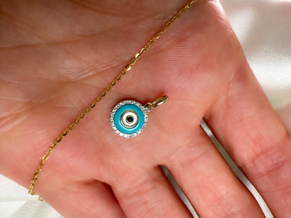 14k Solid Gold Diamond Evil Eye  Charm Pendant, Turquoise & Onyx Protection Charm