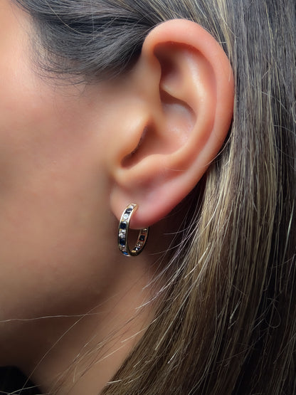 14k Solid Gold with Sapphire and Diamond Huggie Hoop Earring