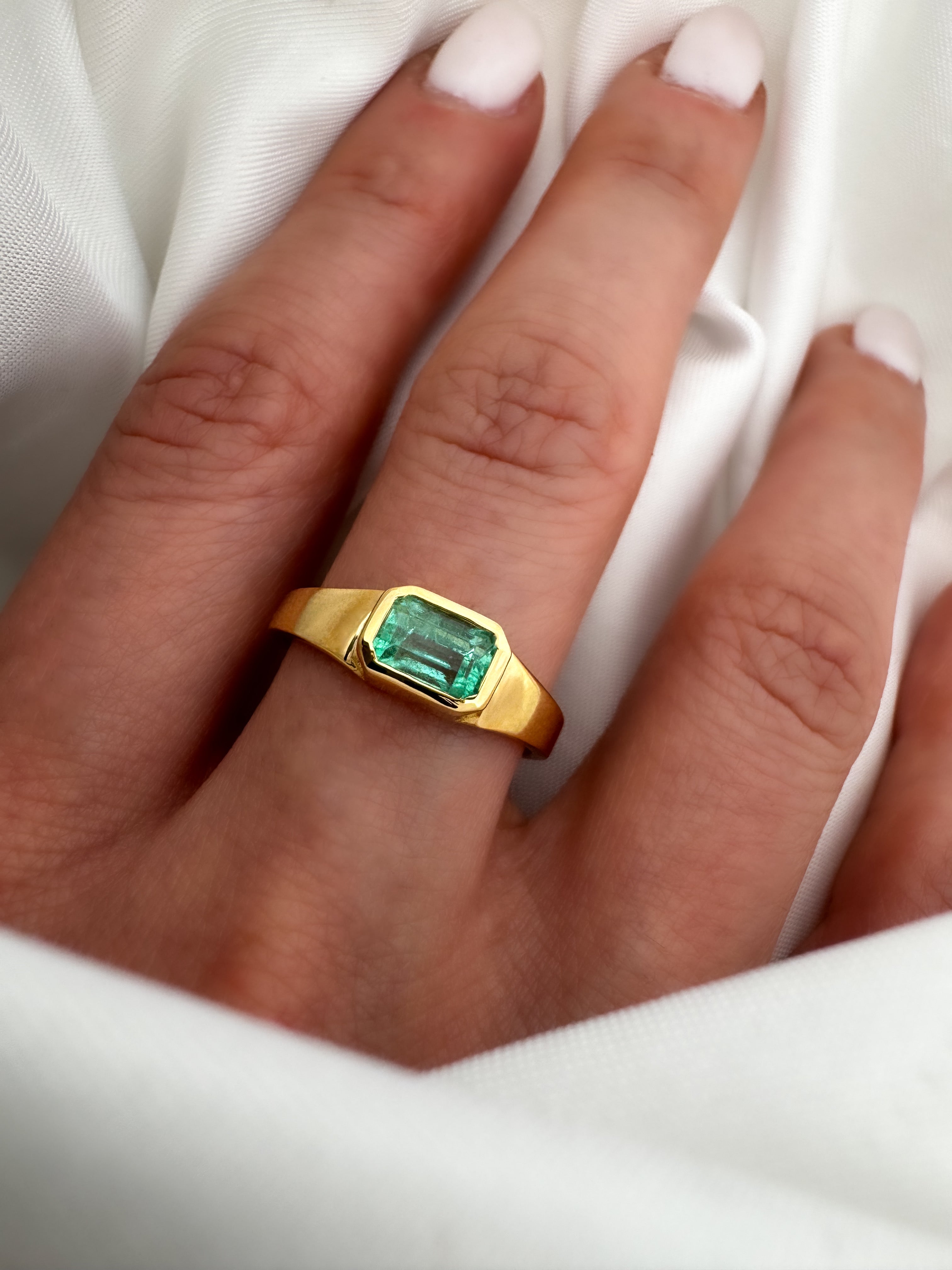Natural Colombian Emerald Signet Solitaire Ring, 14k Gold Bezel Setting